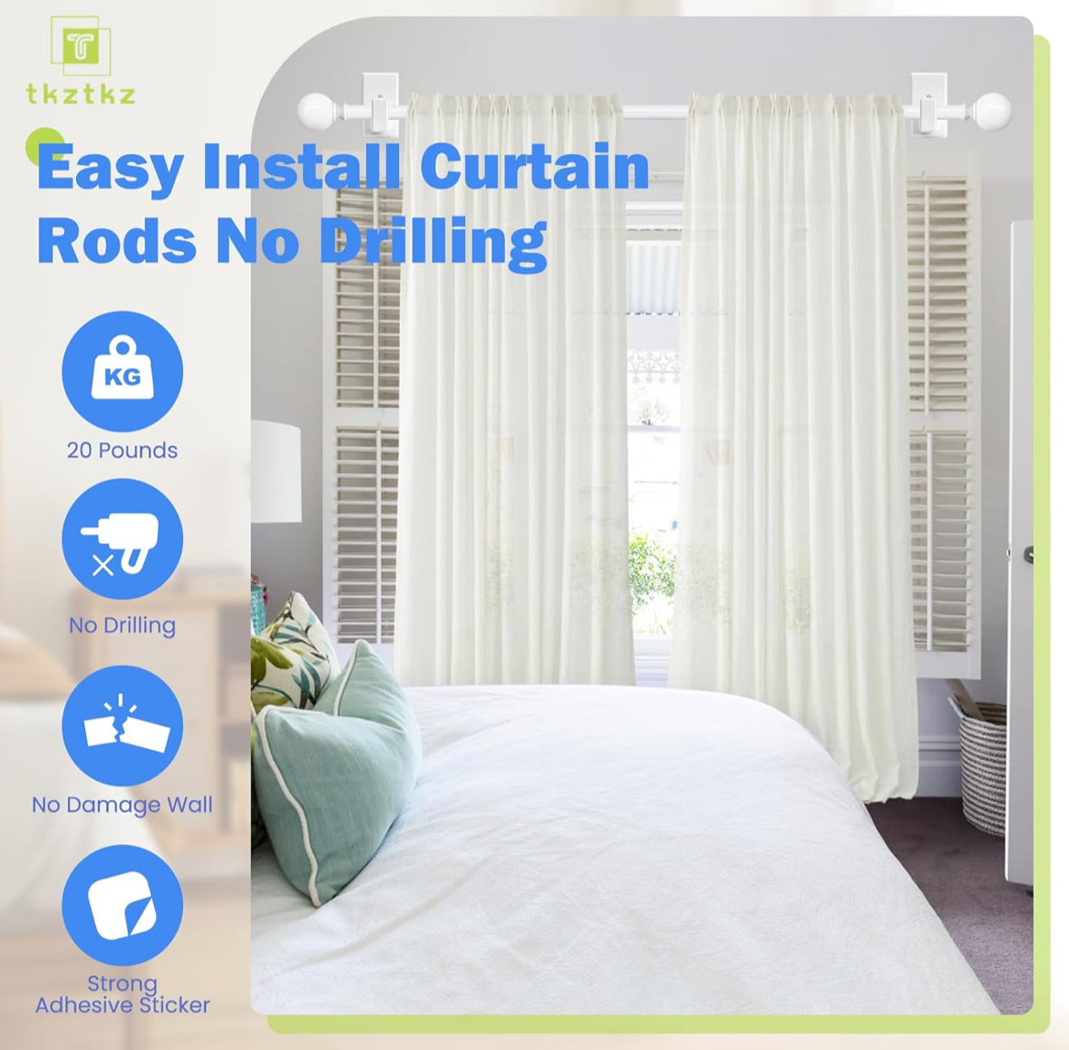 White Curtain Rods No Drilling-Adjustable No Drill Curtain Rods for Windows 18-45" with Adhesive Brackets for Bedroom Apartment Renter Friendly