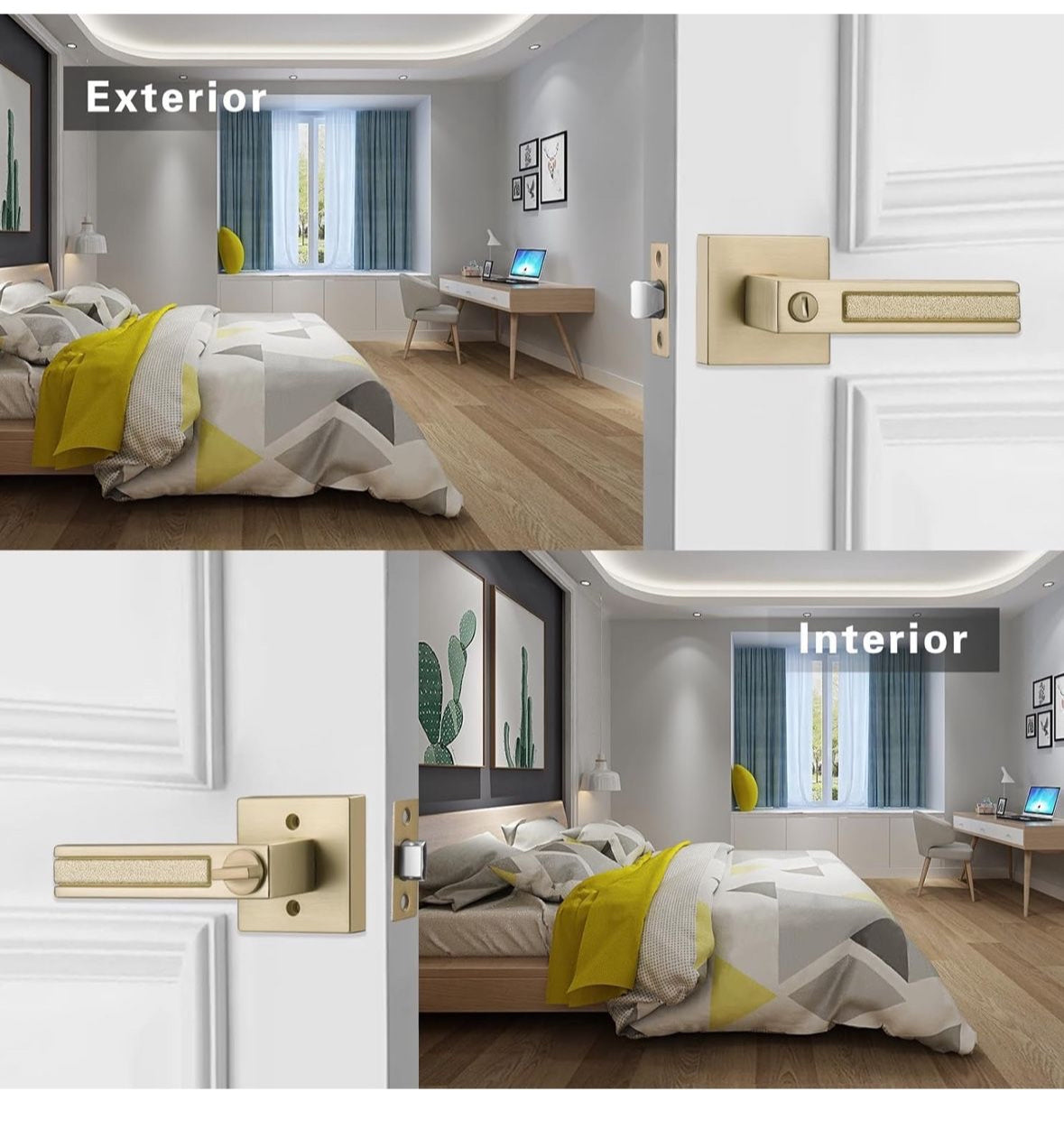 Satin Brass Door Handles, Privacy Door Knobs Interior, Heavy Duty Door Levers Rectangle Slot for Bath & Bed