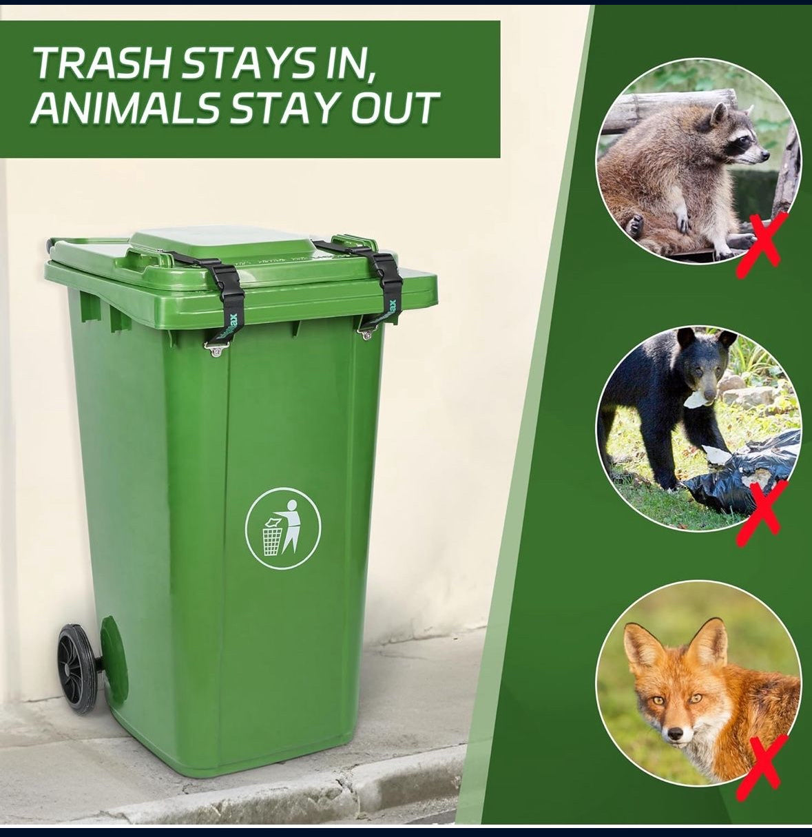 Prevent animal access to outdoor trash with our 2-pack trash can locks. Durable, easy to install strap lid locks.