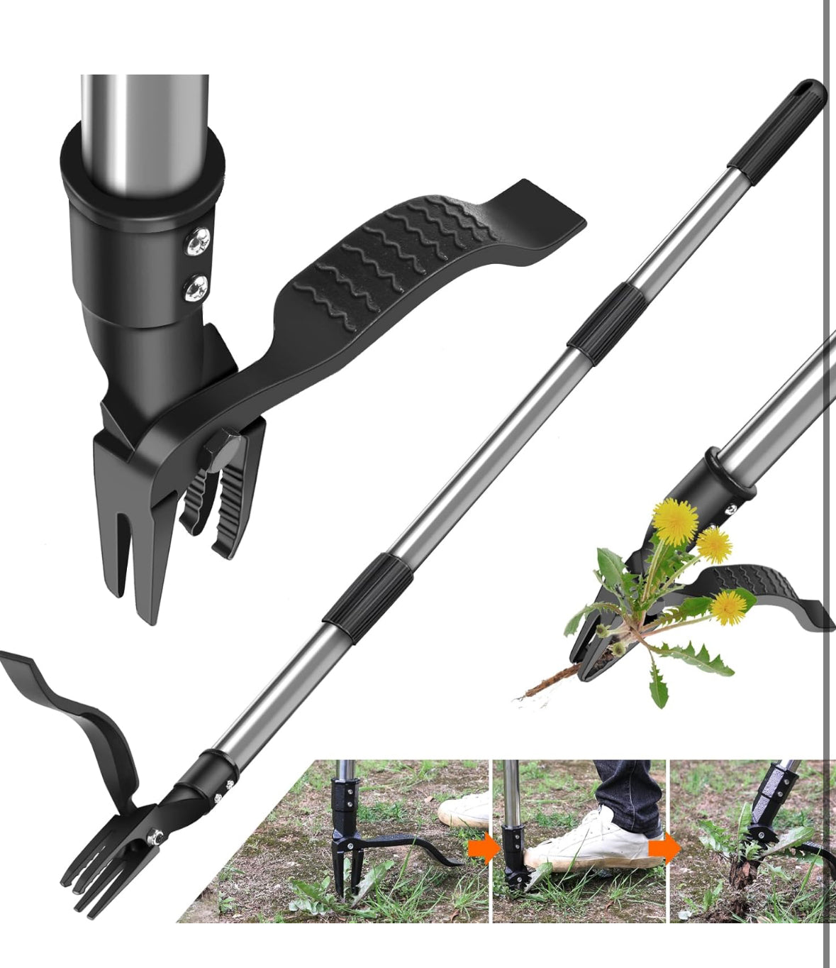 46” Weed Puller Tool, 4-Claw Stand Up Weeder Tool with Adjustable Handle for Removal Weeds