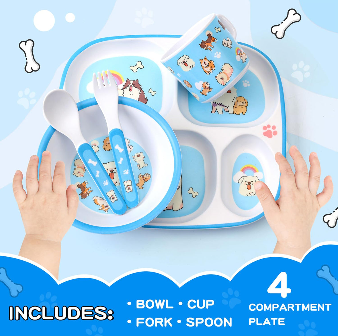 5-Piece Kids Melamine Dinnerware Set –BPA-Free, Durable & Lightweight Cartoon Set for Toddlers (Puppy Band)