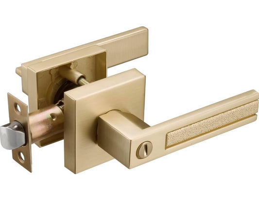 Satin Brass Door Handles, Privacy Door Knobs Interior, Heavy Duty Door Levers Rectangle Slot for Bath & Bed