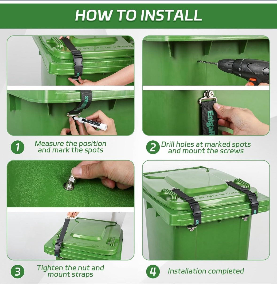 Prevent animal access to outdoor trash with our 2-pack trash can locks. Durable, easy to install strap lid locks.