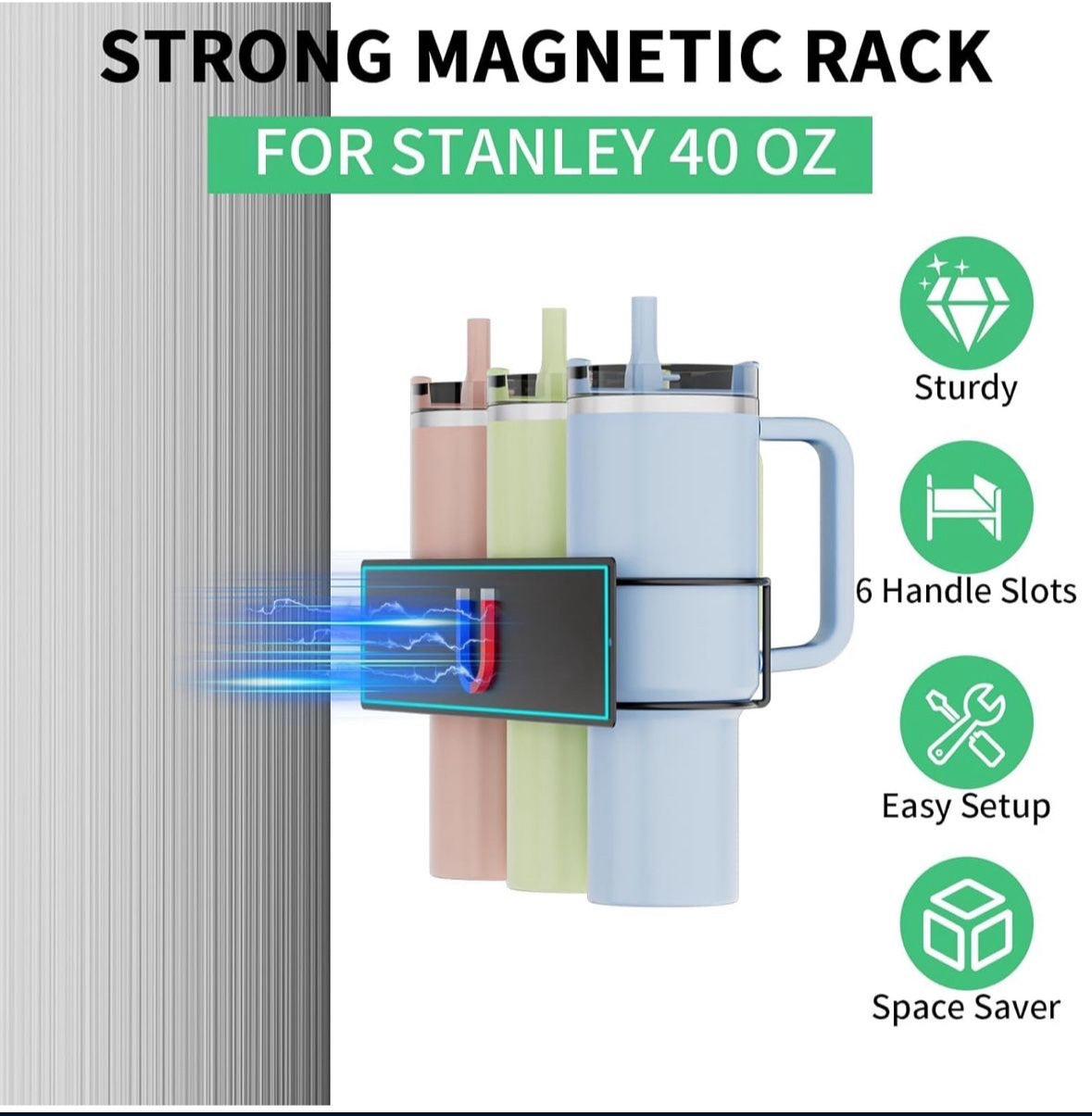 Maximize space with our versatile water bottle organizer, featuring a magnetic cup holder for Stanley 40 oz bottles, fridge and wall mount options, and 6 hooks. Perfect for gifting.