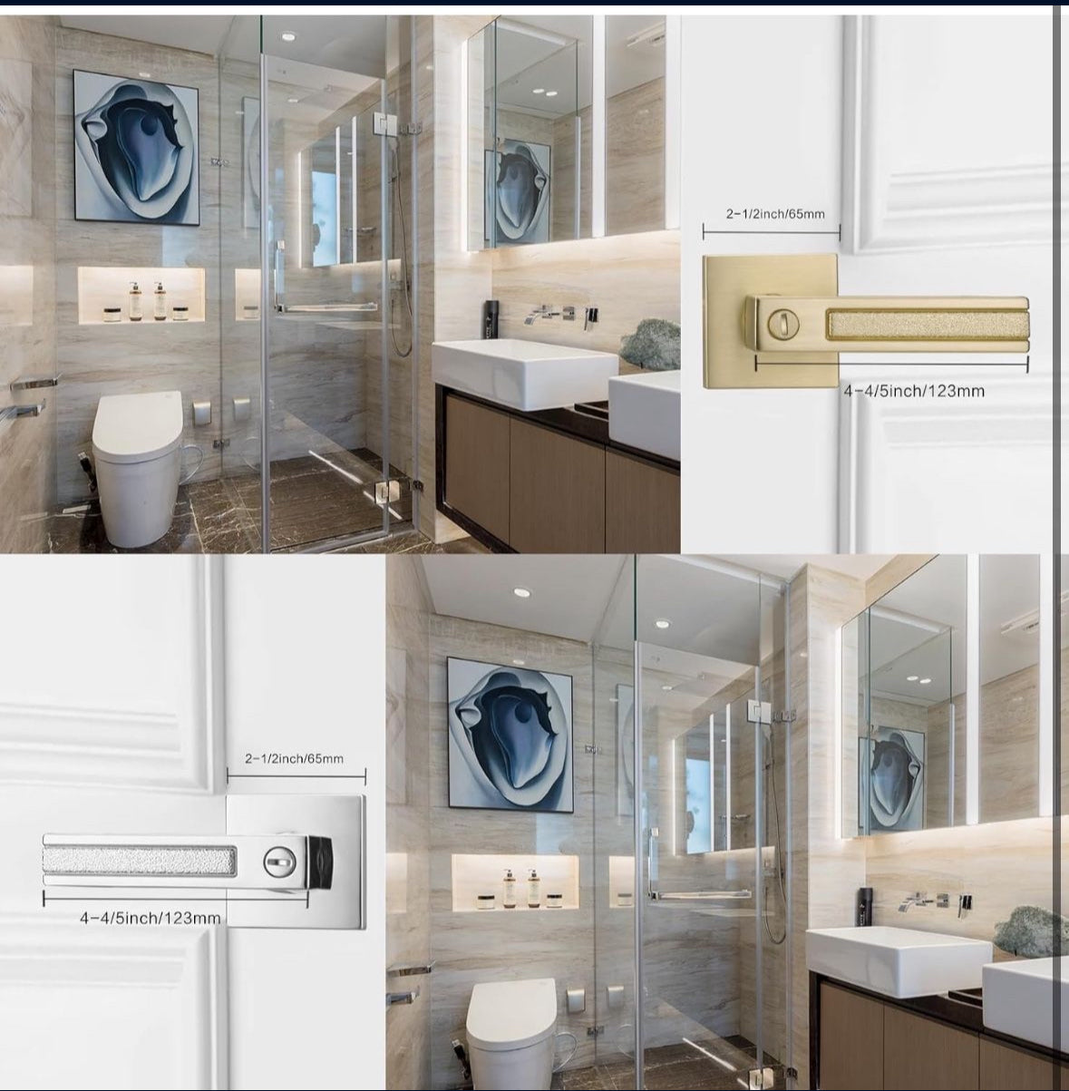 Satin Brass Door Handles, Privacy Door Knobs Interior, Heavy Duty Door Levers Rectangle Slot for Bath & Bed