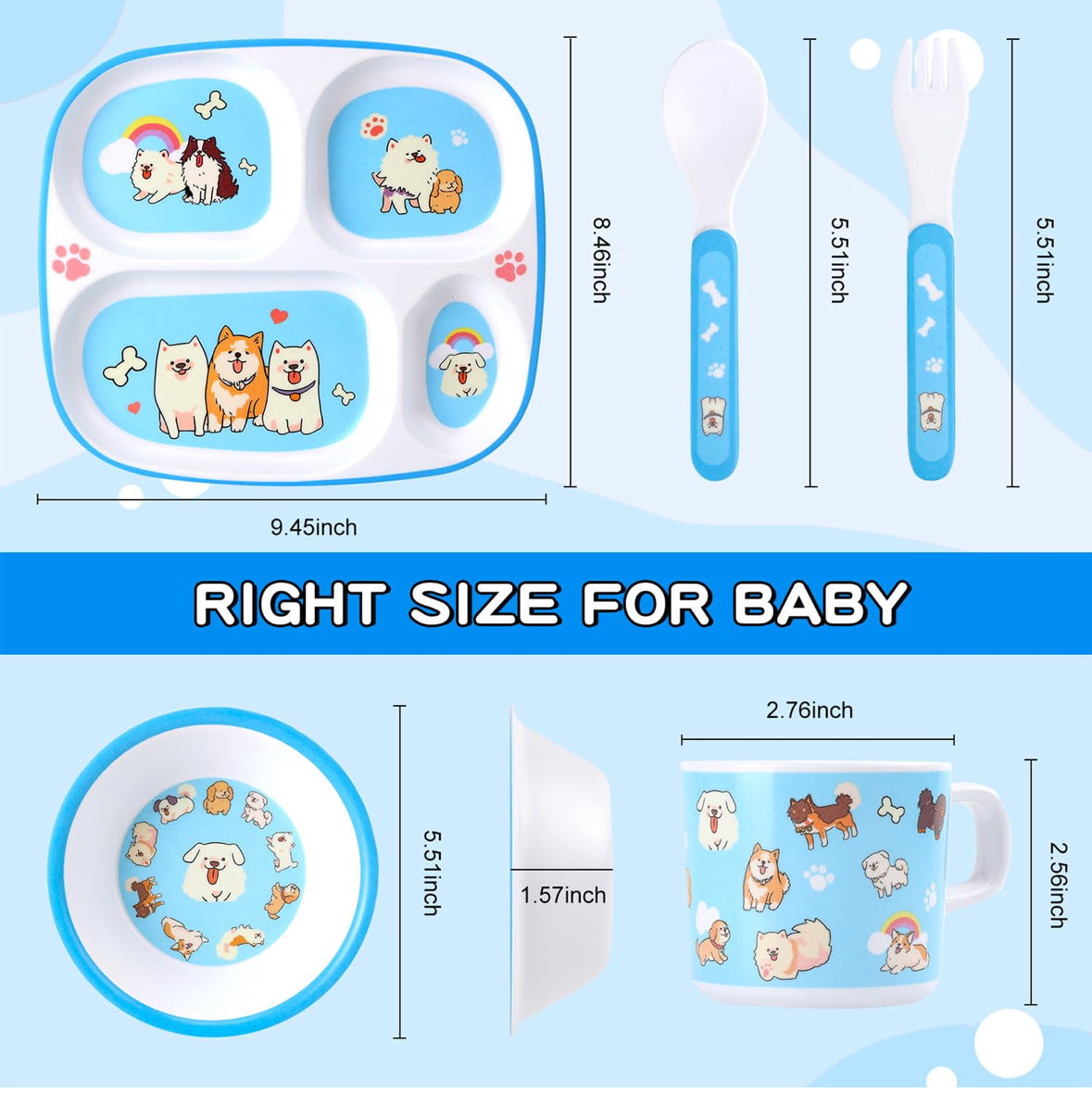 5-Piece Kids Melamine Dinnerware Set –BPA-Free, Durable & Lightweight Cartoon Set for Toddlers (Puppy Band)