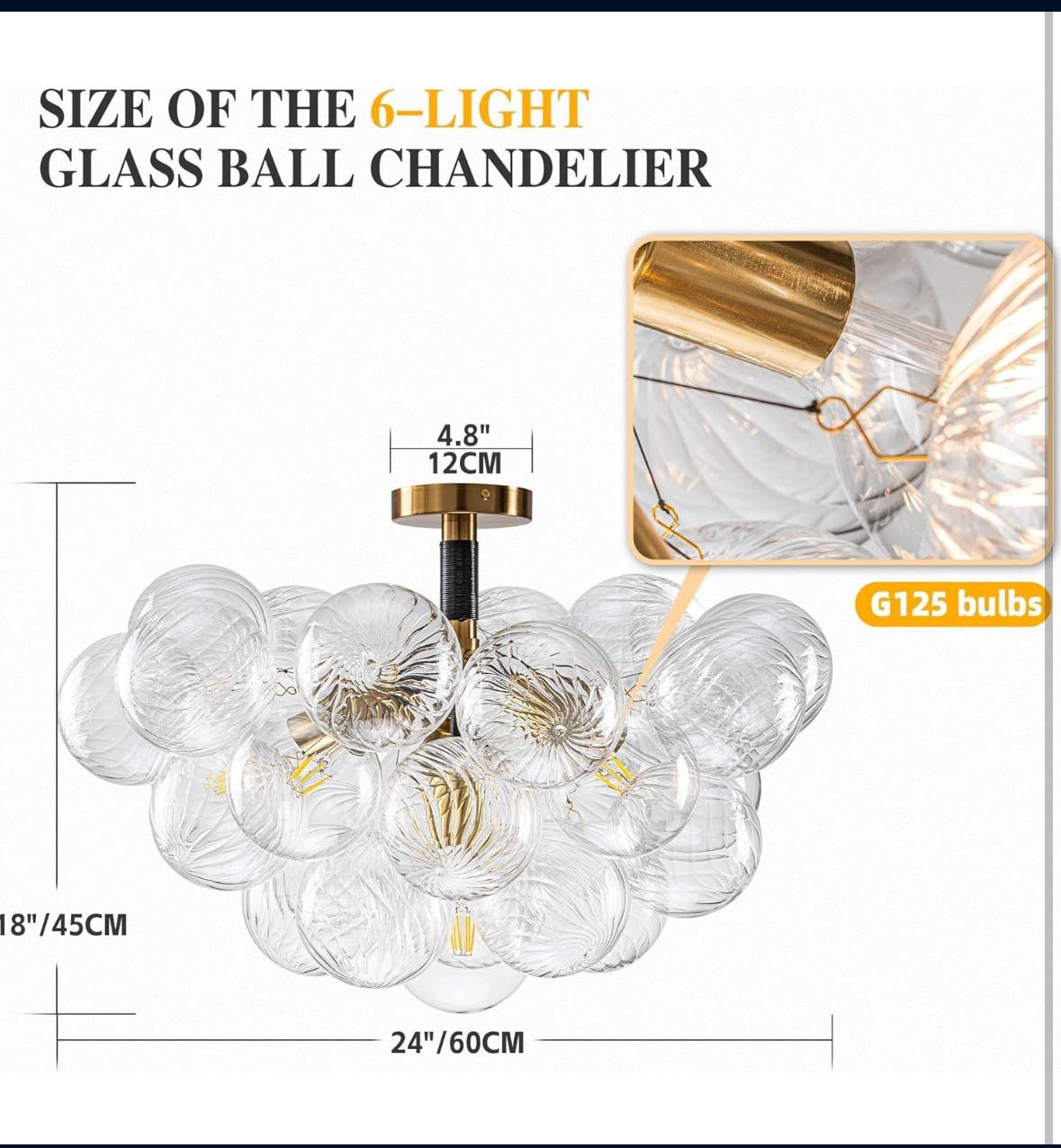 Luxury Bubble Chandelier Light Semi Flush Mount Ceiling Light Fixture, Dia 24" Black Gold and Clear Ribbed Glass Chandelier Close to Ceiling Lighting