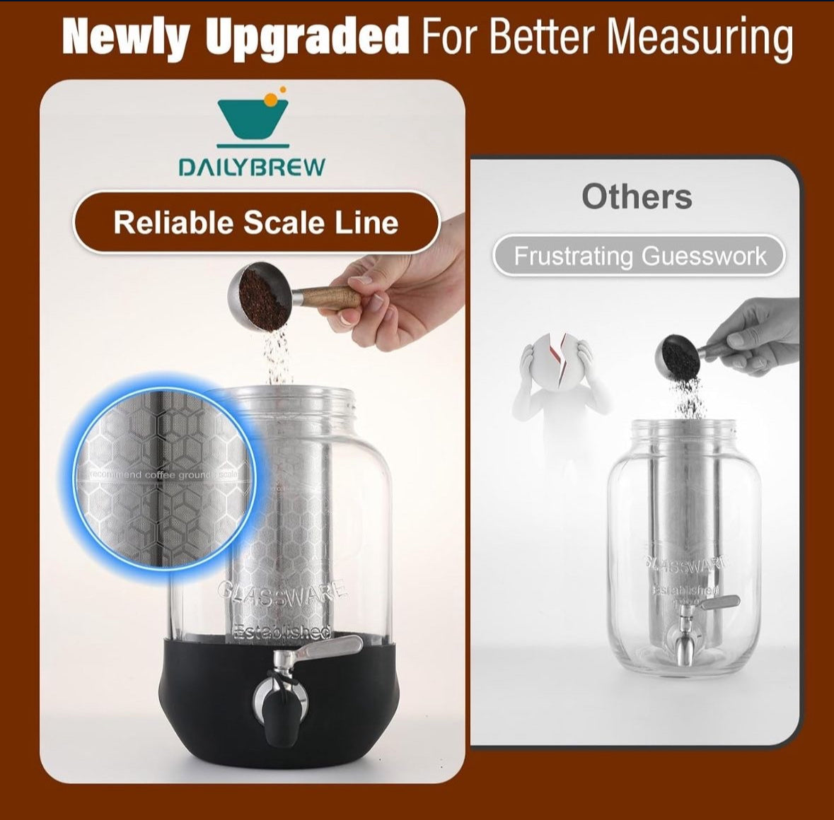 1 Gallon Cold Brew Coffee Maker with Stainless Steel Filter, Heavy Duty Glass Pitcher and Spigot. Fast Iced Tea Maker.