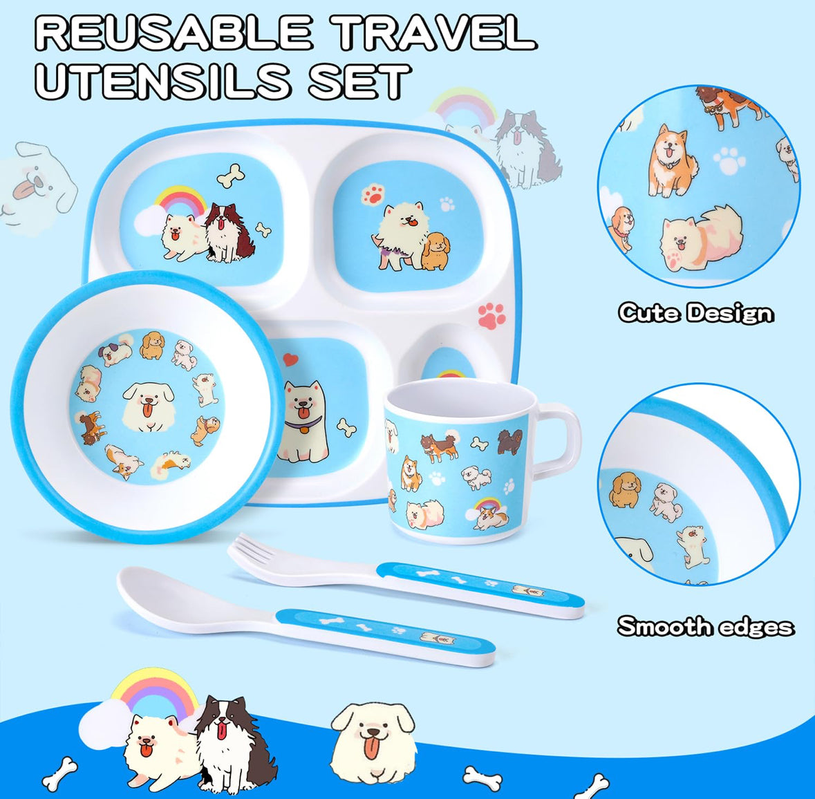5-Piece Kids Melamine Dinnerware Set –BPA-Free, Durable & Lightweight Cartoon Set for Toddlers (Puppy Band)