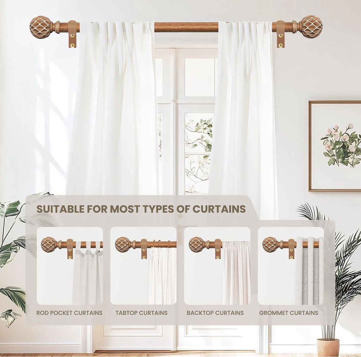 Expertly crafted Boho Wooden Curtain Rod for Rustic Farmhouse Décor. Decorative imitation wood grain for any bedroom or livingroom setting.