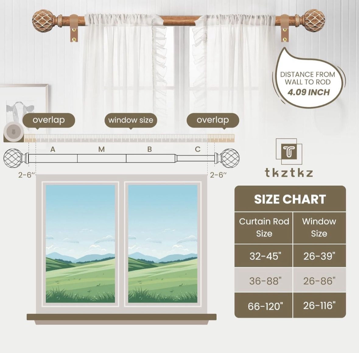 Expertly crafted Boho Wooden Curtain Rod for Rustic Farmhouse Décor. Decorative imitation wood grain for any bedroom or livingroom setting.