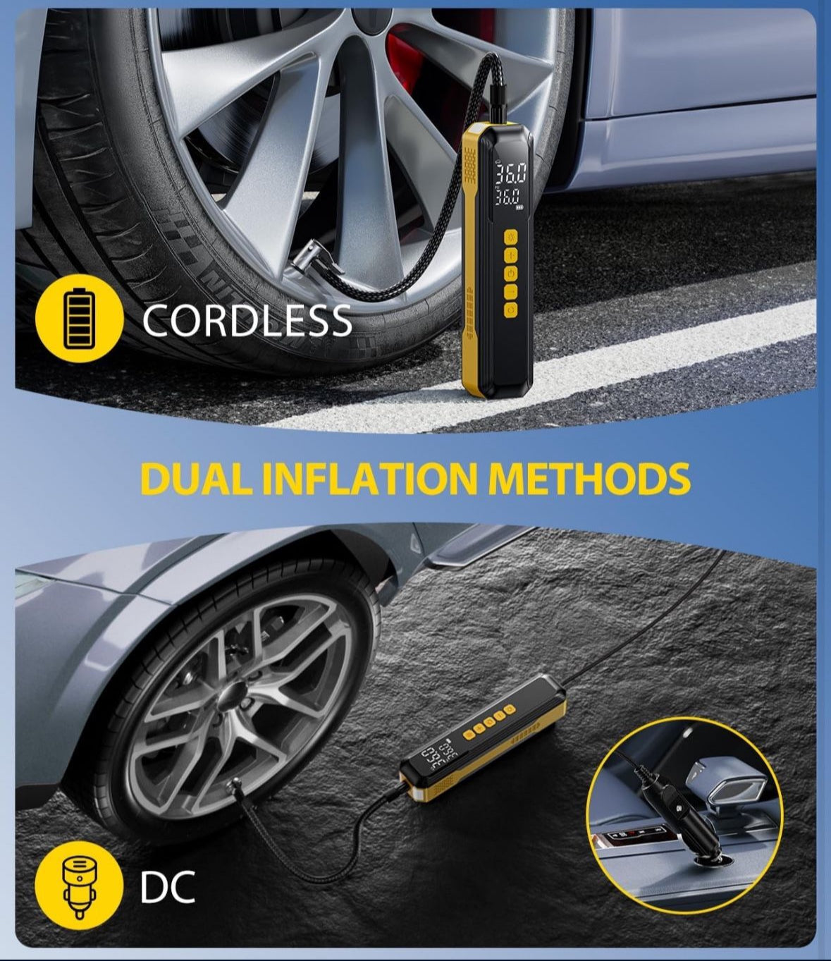 Tire Inflator Portable Air Compressor - 5X Faster 10000mAh Cordless Air Pump for Car Tires, Electric Bike Tire Pump with Digital Pressure Gauge, LED