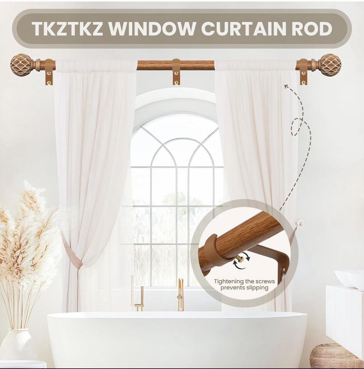 Expertly crafted Boho Wooden Curtain Rod for Rustic Farmhouse Décor. Decorative imitation wood grain for any bedroom or livingroom setting.