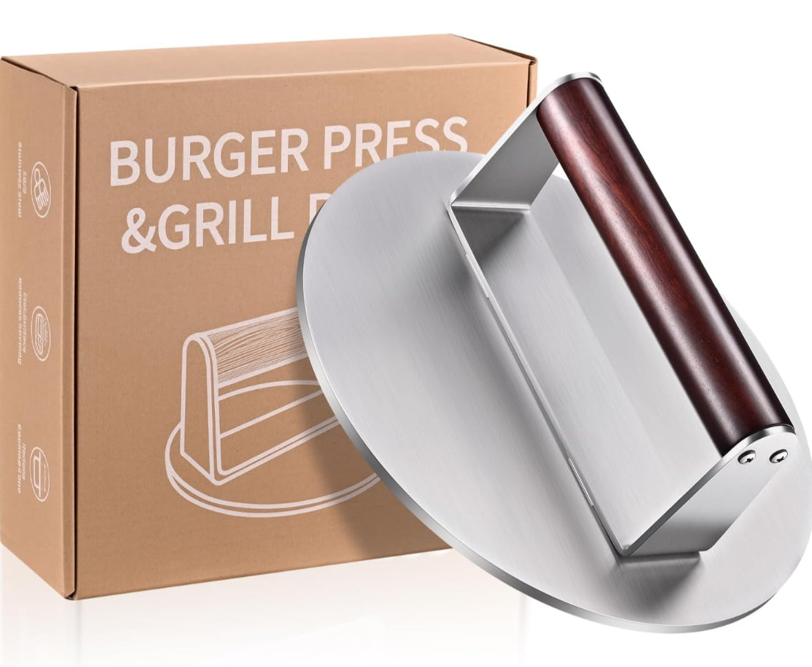 Extra Large 8.5" Stainless Steel Burger Press – 2.5LB Heavy-Duty Smash Burger Press with Wooden Handle, Non-Stick Hamburger Smasher & Bacon Press for Blackstone, Camp Chef, Weber Griddle Grill