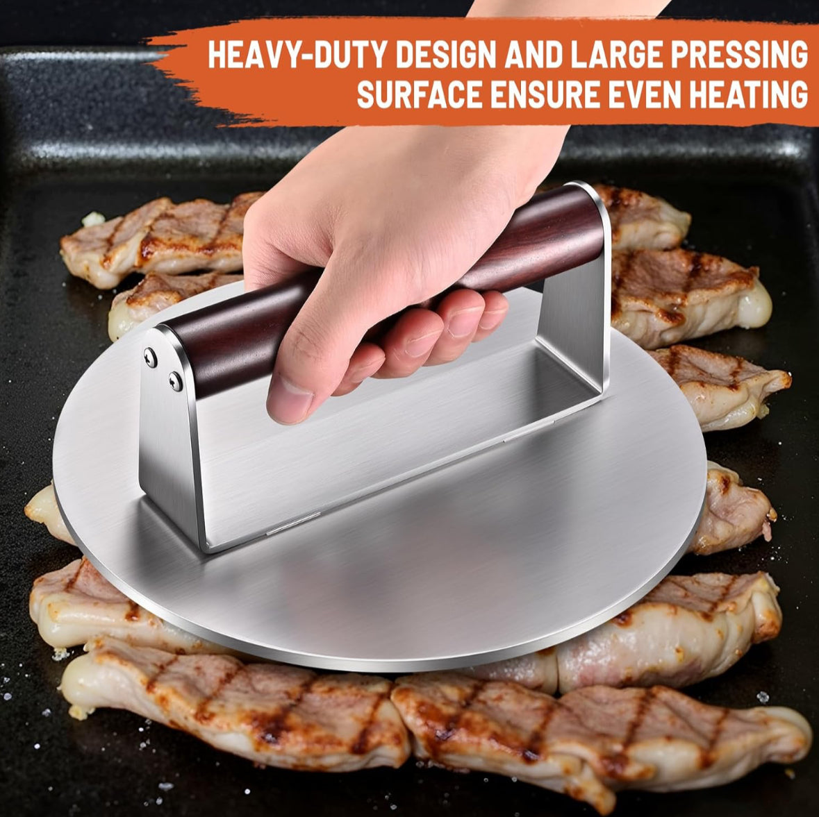 Extra Large 8.5" Stainless Steel Burger Press – 2.5LB Heavy-Duty Smash Burger Press with Wooden Handle, Non-Stick Hamburger Smasher & Bacon Press for Blackstone, Camp Chef, Weber Griddle Grill