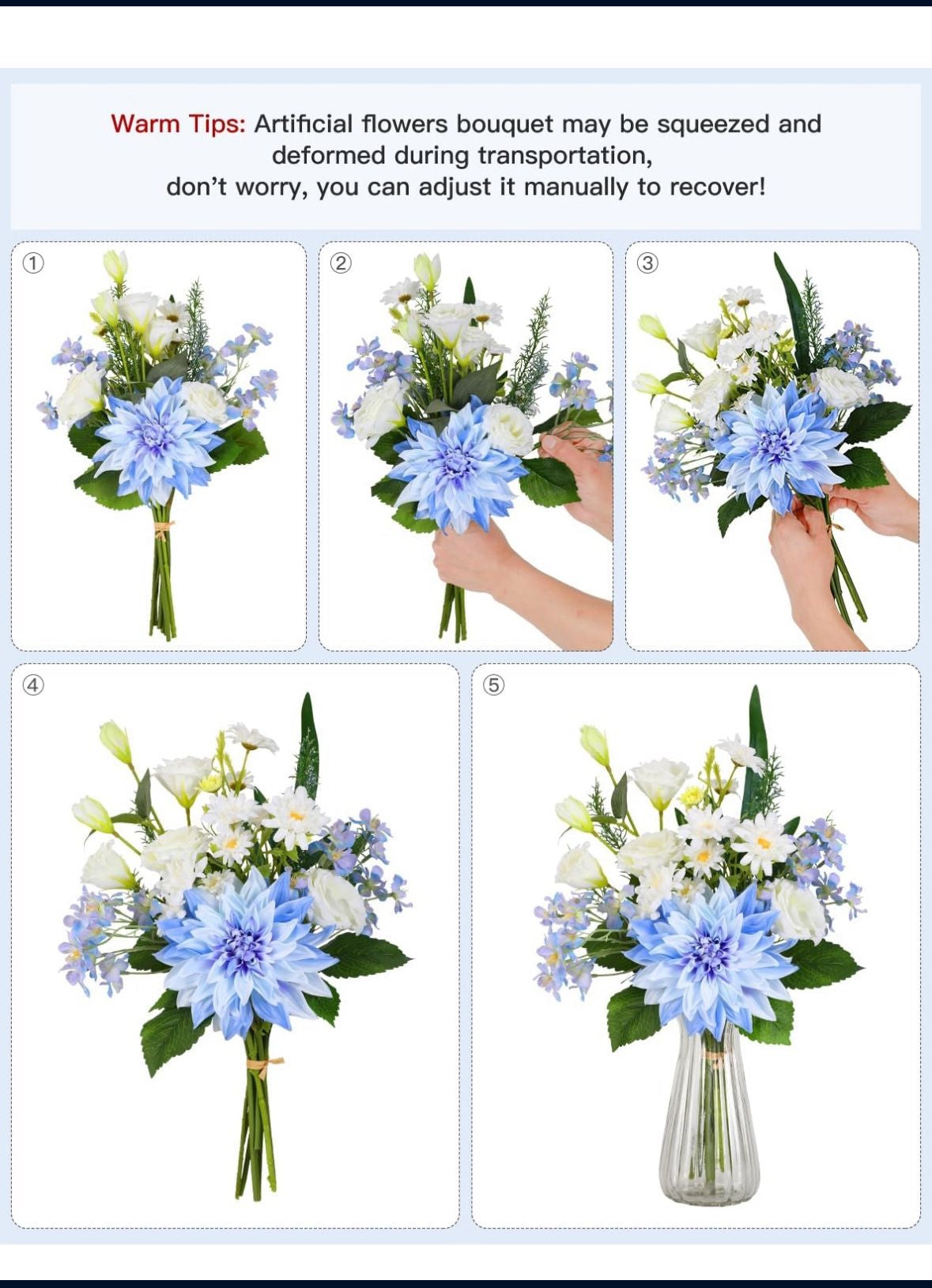 Fake Artificial Flowers in Vase,Faux Silk Dahlia Flower Bouquet Floral Arrangement Fake Plant Decor for Tables Centerpieces,Home Office Party Wedding Decor(Blue with Vase)