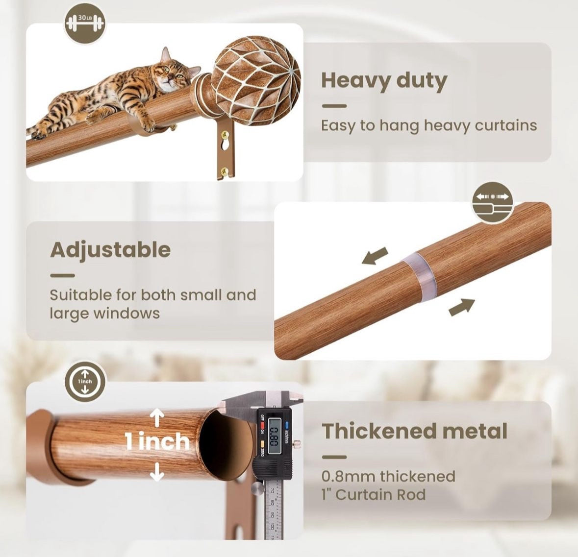 Expertly crafted Boho Wooden Curtain Rod for Rustic Farmhouse Décor. Decorative imitation wood grain for any bedroom or livingroom setting.