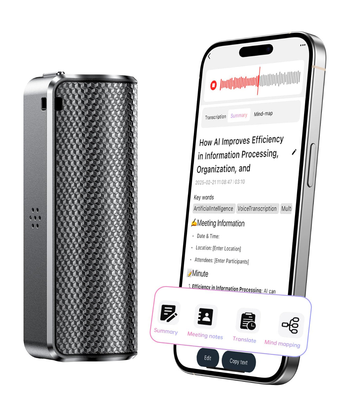 AI Voice Recorder with Real-Time Transcription & Translation, AI Voice Transcriber, Mind Mapping & Translator for Meetings, Interviews & Lectures, 70+ Languages.