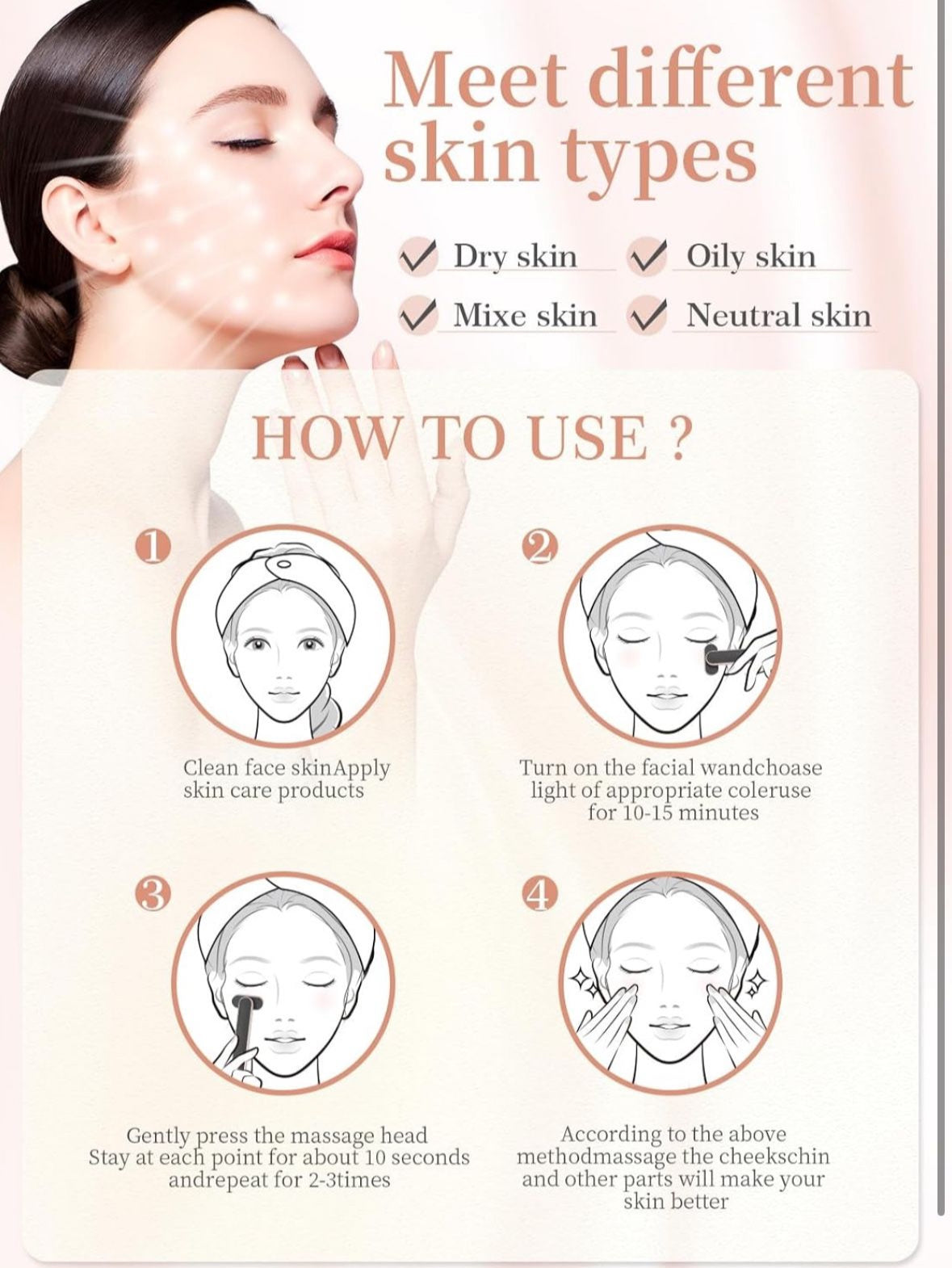 7 Acne Light Therapy Wand Red Light Therapy for Face Microcurrent Facial Device, True Beauty Glow Facial Massager Lymphatic Drainage Massager Face