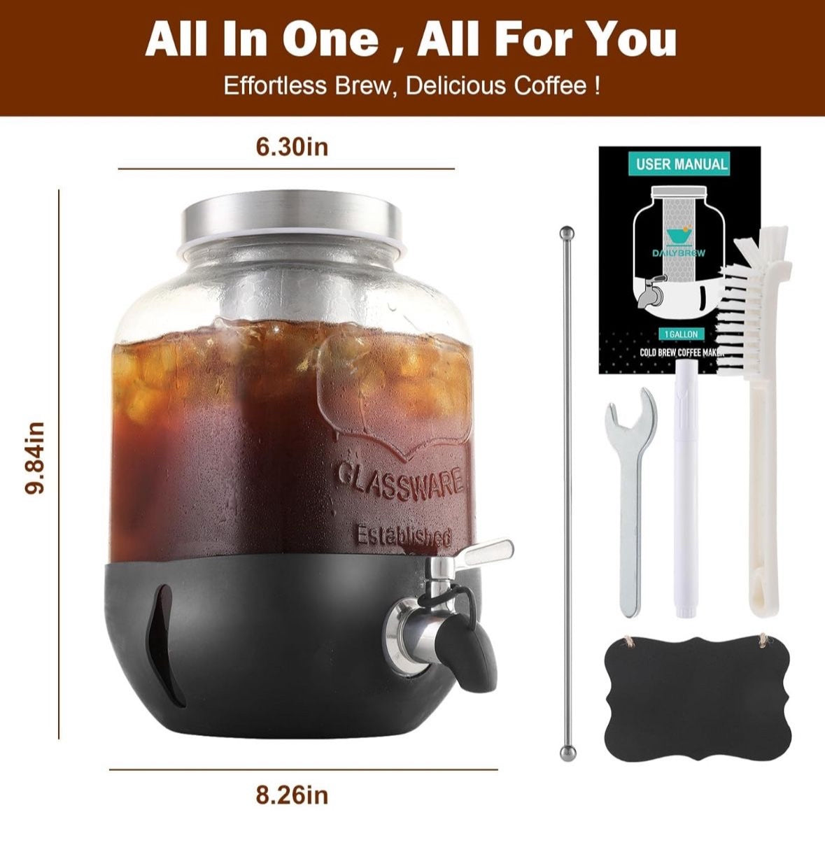 1 Gallon Cold Brew Coffee Maker with Stainless Steel Filter, Heavy Duty Glass Pitcher and Spigot. Fast Iced Tea Maker.