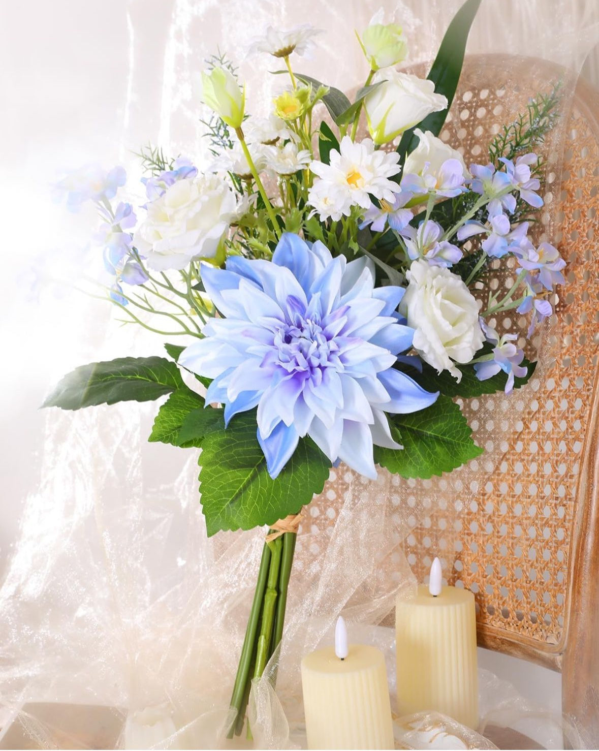 Fake Artificial Flowers in Vase,Faux Silk Dahlia Flower Bouquet Floral Arrangement Fake Plant Decor for Tables Centerpieces,Home Office Party Wedding Decor(Blue with Vase)