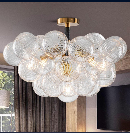 Luxury Bubble Chandelier Light Semi Flush Mount Ceiling Light Fixture, Dia 24" Black Gold and Clear Ribbed Glass Chandelier Close to Ceiling Lighting