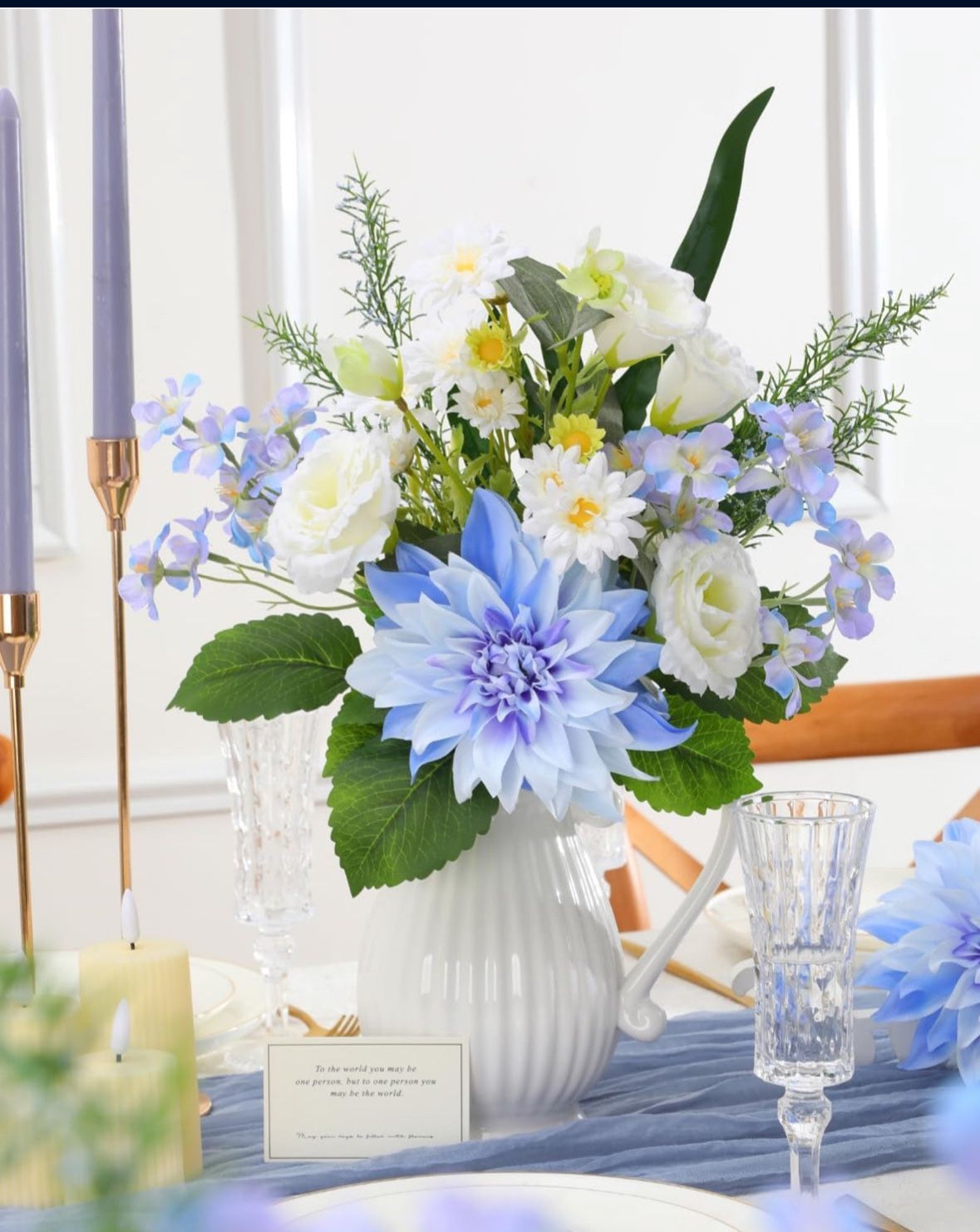 Fake Artificial Flowers in Vase,Faux Silk Dahlia Flower Bouquet Floral Arrangement Fake Plant Decor for Tables Centerpieces,Home Office Party Wedding Decor(Blue with Vase)