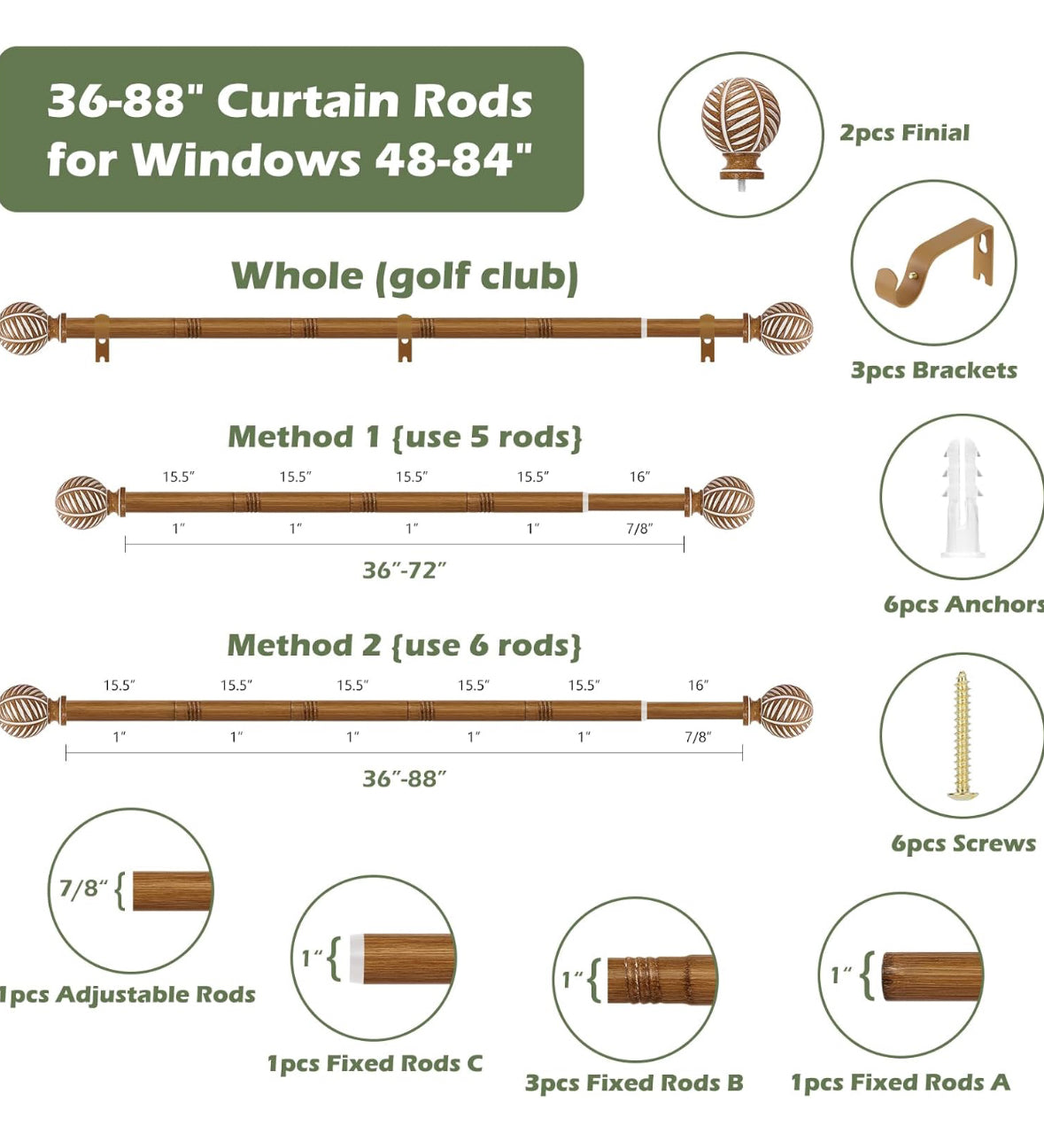 Wood Boho Curtain Rods for Windows: Wooden Farmhouse Decorative Curtain Rod for Bedroom Living Room, Heavy Duty Rustic Bamboo Drapery Rods with Imitation Wood Grain Finials
