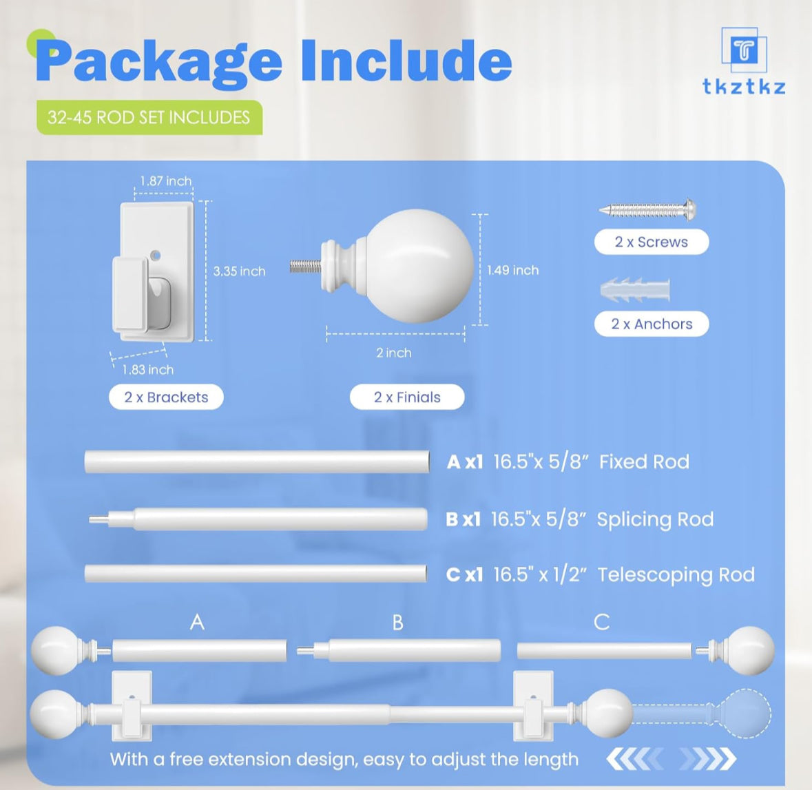 White Curtain Rods No Drilling-Adjustable No Drill Curtain Rods for Windows 18-45" with Adhesive Brackets for Bedroom Apartment Renter Friendly