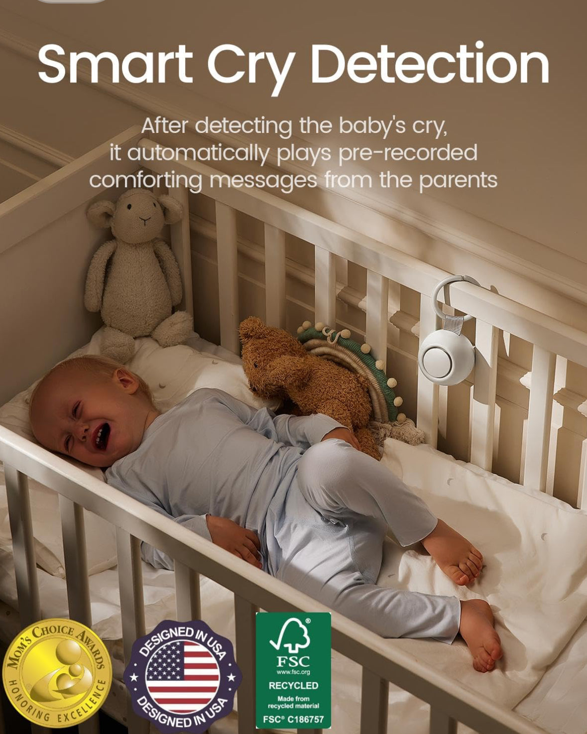 2025 Mom's Choice Awards, Portable Sound Machine for Baby, Smart Cry Detection, 18 Soothing Sound, White Noise, Bluetooth, Nursery Light, Memory Funct