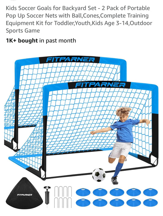 Kids Soccer Goals for Backyard Set - 2 Pack of Portable Pop Up Soccer Nets with Ball,Cones,Complete Training Equipment Kit