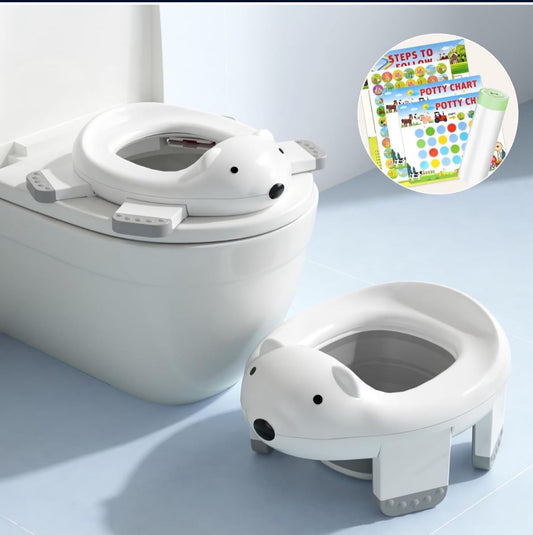 2-in-1 Potty Training Toilet for Toddlers (12 M+) - Portable Travel Potty Seat with Training Charts, Safety Locks & Polar Bear Design
