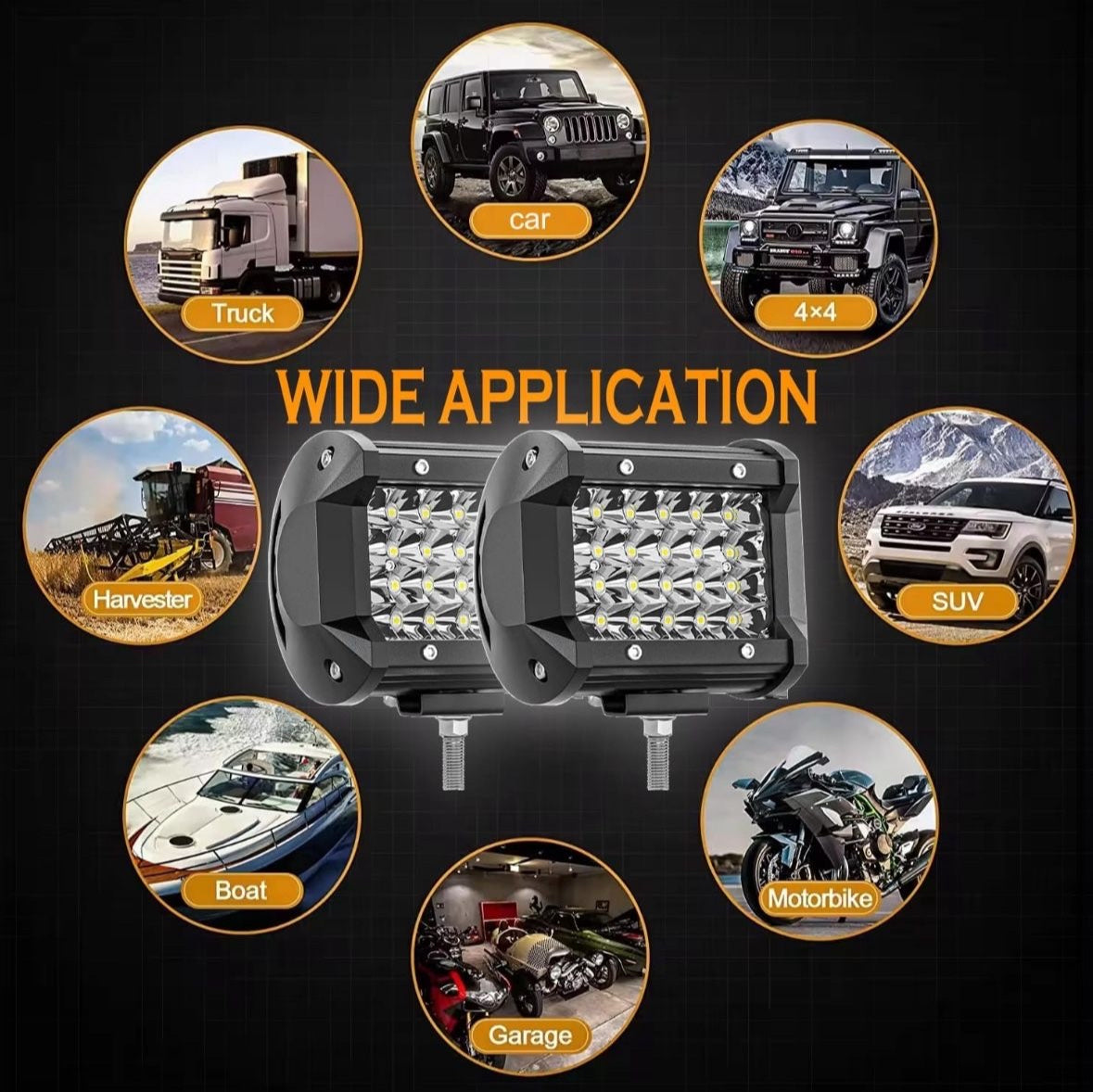 High-performance waterproof LED lights (2pack) for trucks, ATVs, UTVs, golf carts, snowplows, harvesters, grain drills, and boats. Operates on 12V or 24V. Output of 12000LM.