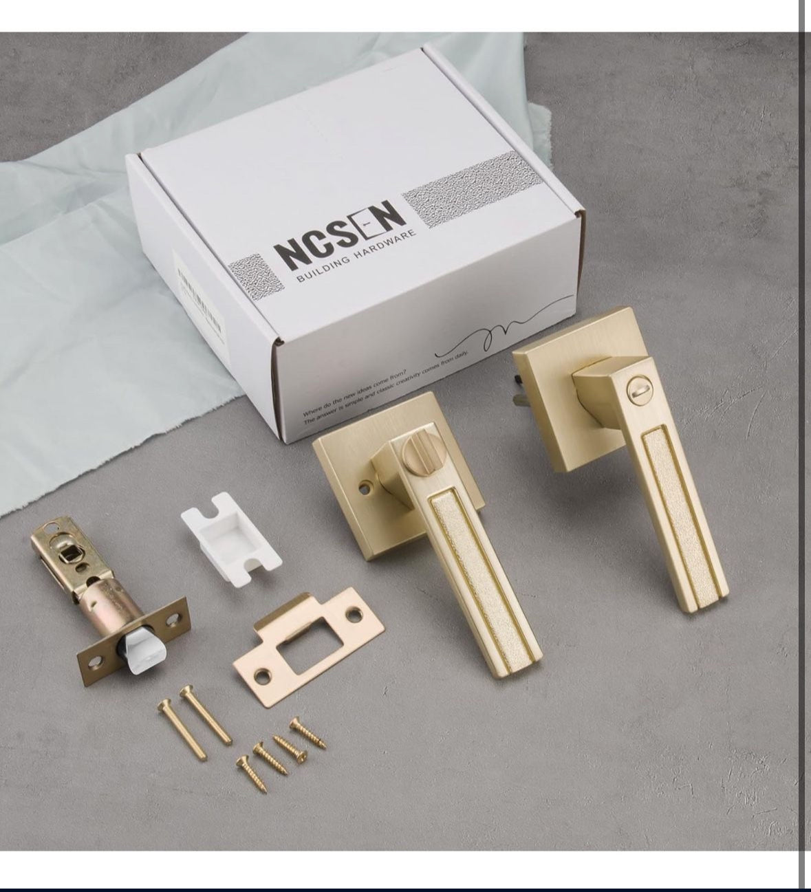 Satin Brass Door Handles, Privacy Door Knobs Interior, Heavy Duty Door Levers Rectangle Slot for Bath & Bed